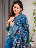 Royal Blue Cotton Linen Saree with Nature-Inspired Print, Zari Border & Tassels | With Blouse