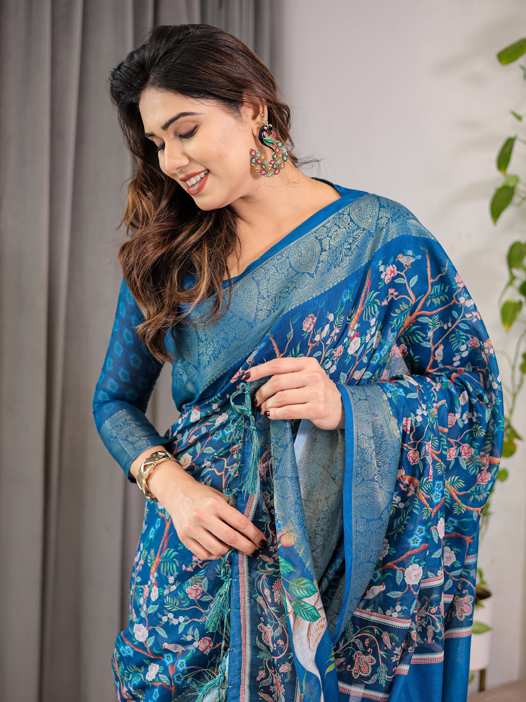 Royal Blue Cotton Linen Saree with Nature-Inspired Print, Zari Border & Tassels | With Blouse