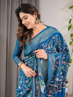 Royal Blue Cotton Linen Saree with Nature-Inspired Print, Zari Border & Tassels | With Blouse