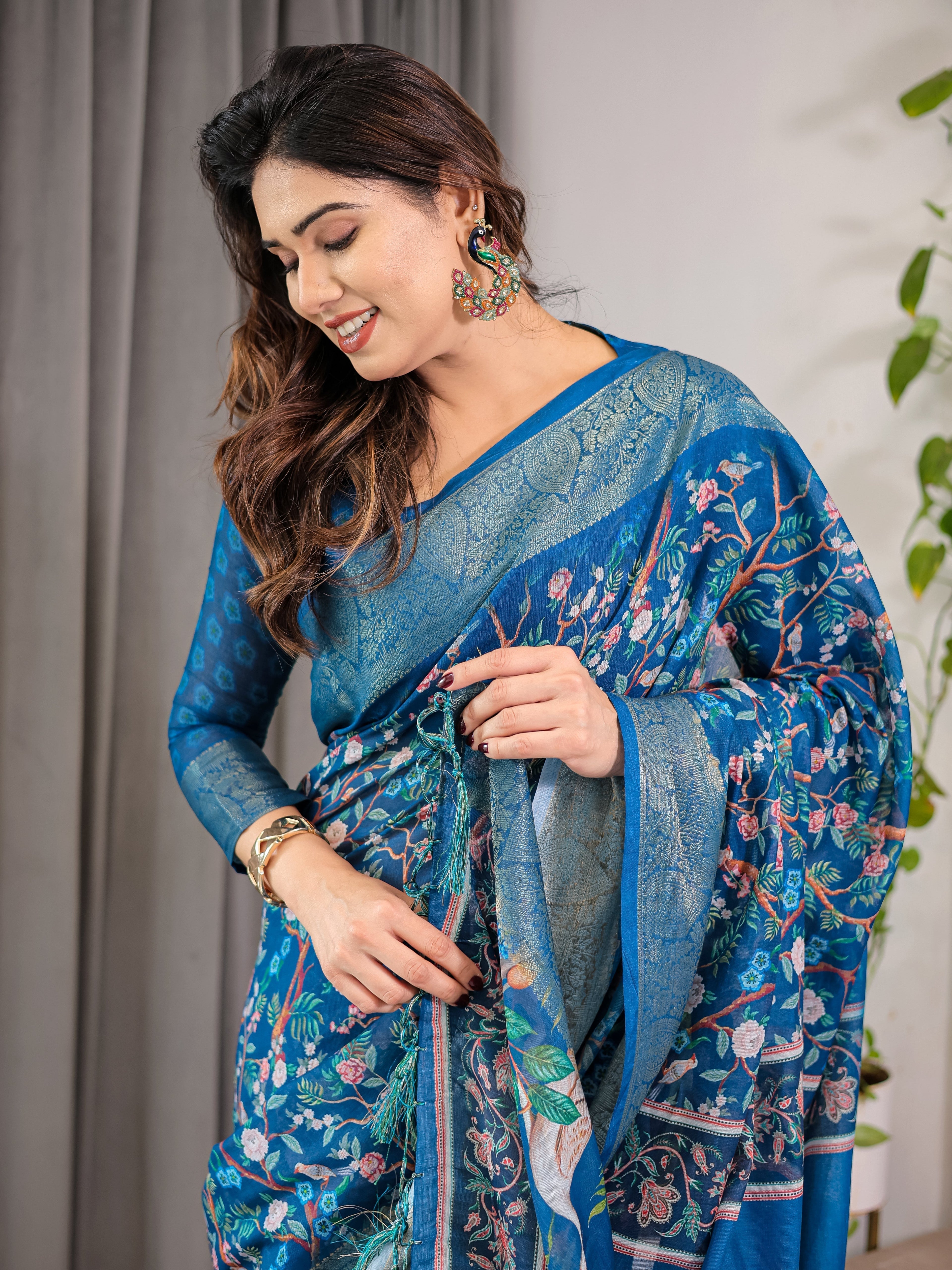 Royal Blue Cotton Linen Saree with Nature-Inspired Print, Zari Border & Tassels | With Blouse