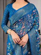 Royal Blue Cotton Linen Saree with Nature-Inspired Print, Zari Border & Tassels | With Blouse