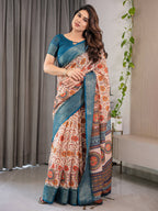 Off-White Cotton Linen Saree with Teal Zari Border & Multicolor Floral Mandala Print | With Blouse Piece