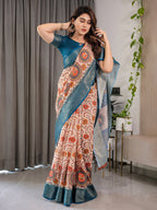 Off-White Cotton Linen Saree with Teal Zari Border & Multicolor Floral Mandala Print | With Blouse Piece