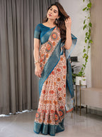 Off-White Cotton Linen Saree with Teal Zari Border & Multicolor Floral Mandala Print | With Blouse Piece