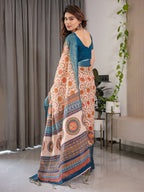 Off-White Cotton Linen Saree with Teal Zari Border & Multicolor Floral Mandala Print | With Blouse Piece