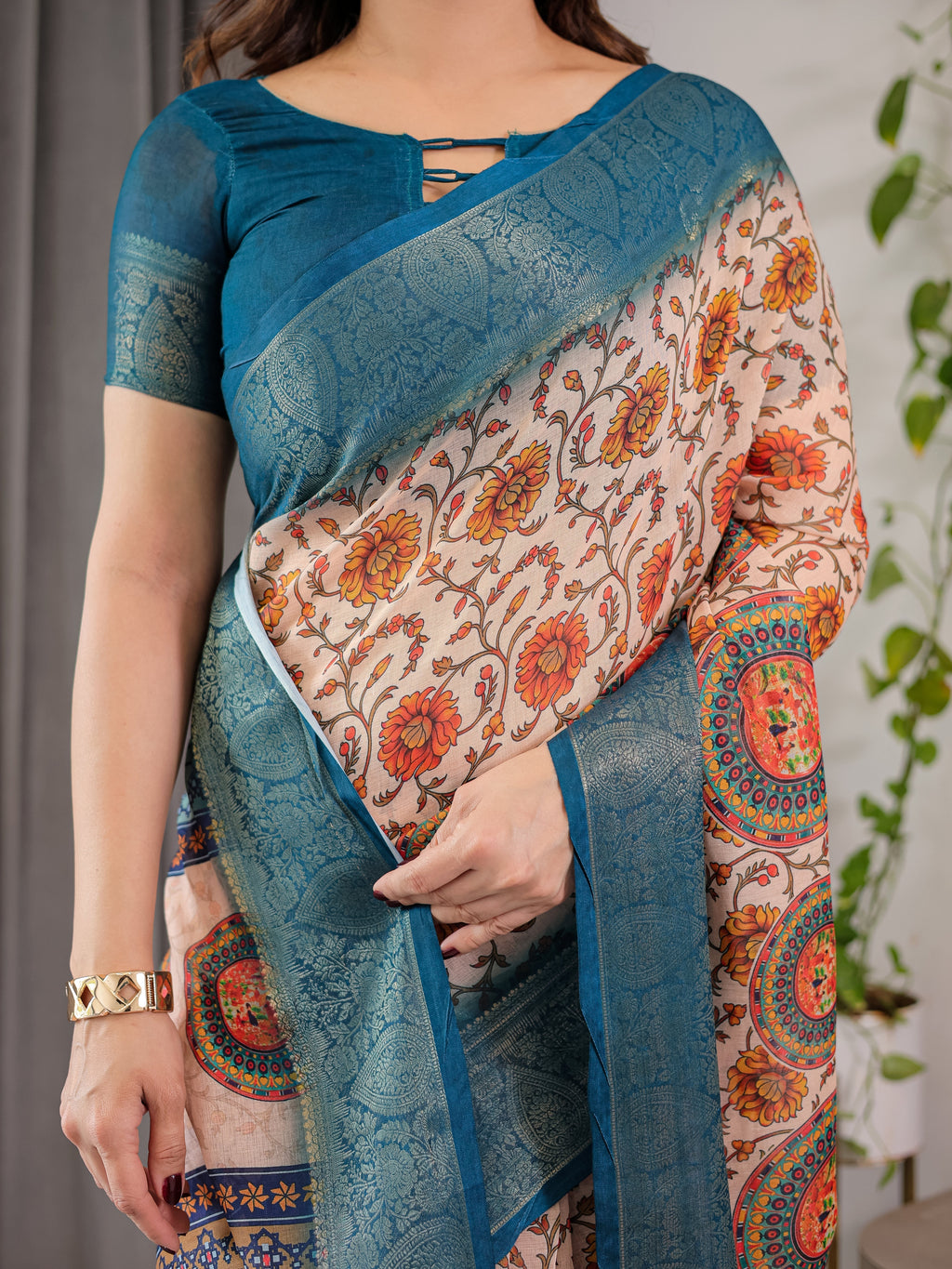 Off-White Cotton Linen Saree with Teal Zari Border & Multicolor Floral Mandala Print | With Blouse Piece