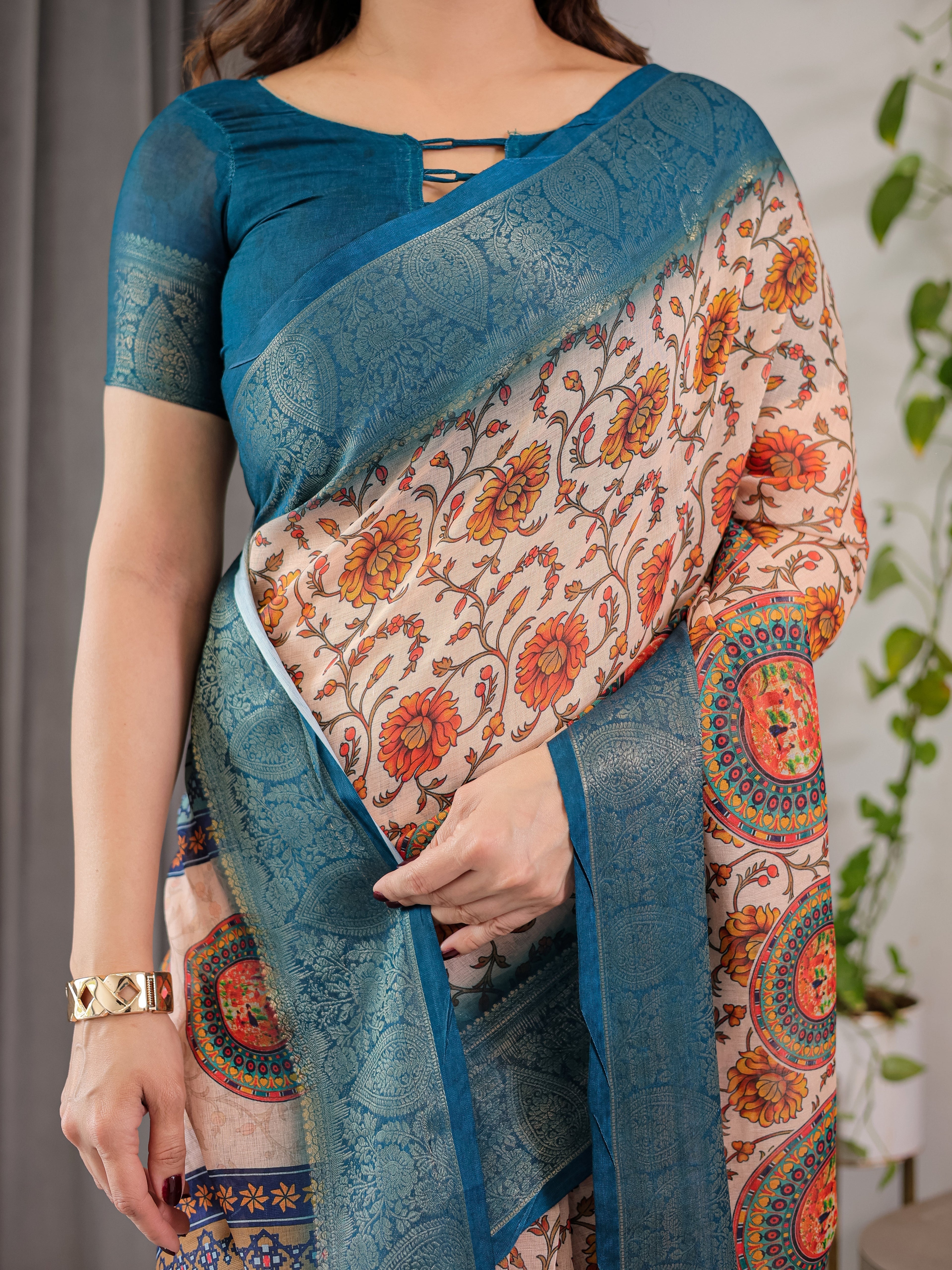 Off-White Cotton Linen Saree with Teal Zari Border & Multicolor Floral Mandala Print | With Blouse Piece