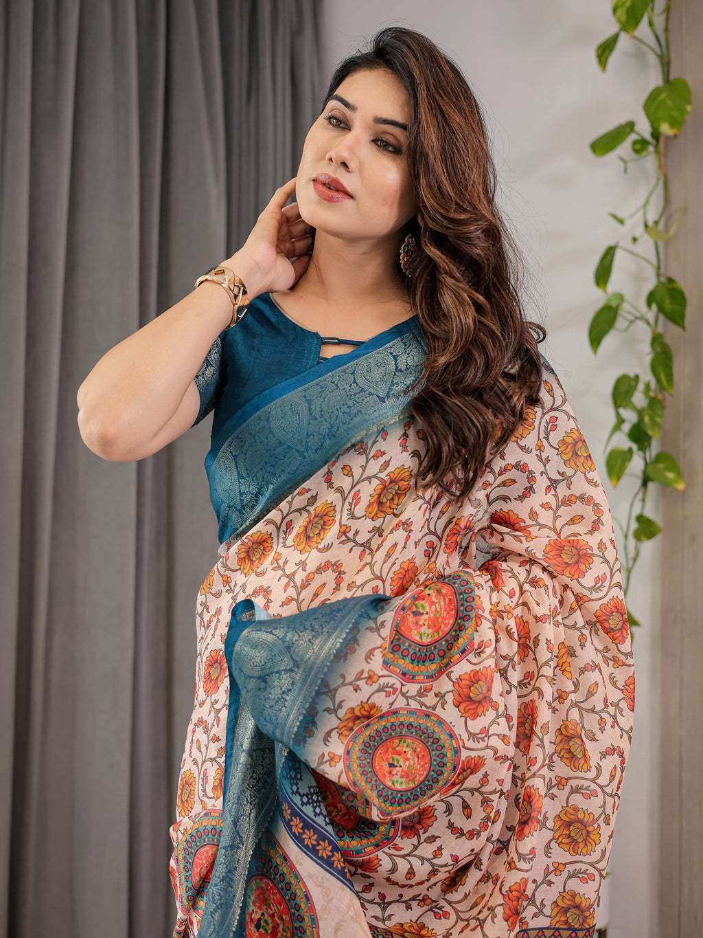 Off-White Cotton Linen Saree with Teal Zari Border & Multicolor Floral Mandala Print | With Blouse Piece