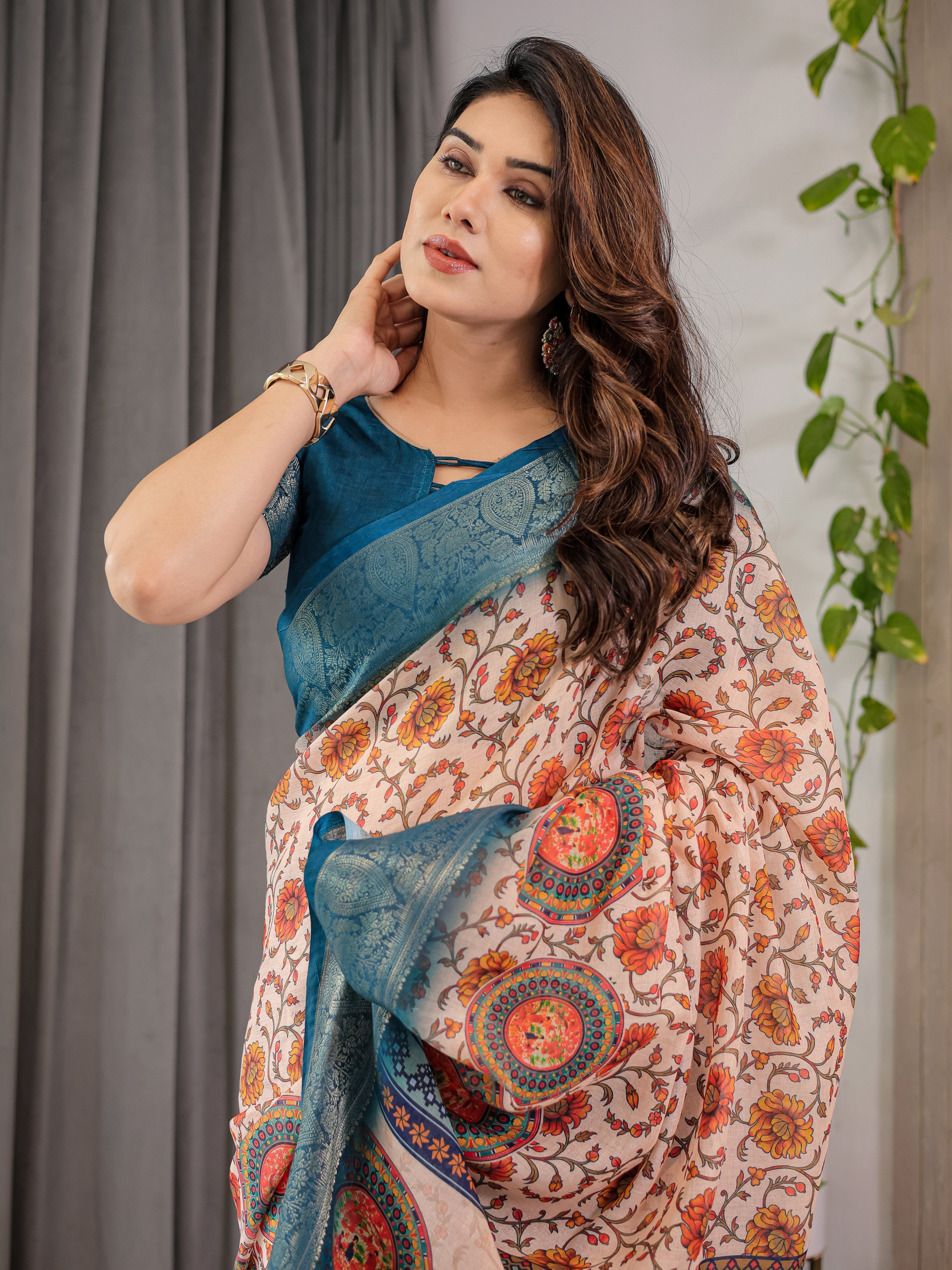 Off-White Cotton Linen Saree with Teal Zari Border & Multicolor Floral Mandala Print | With Blouse Piece