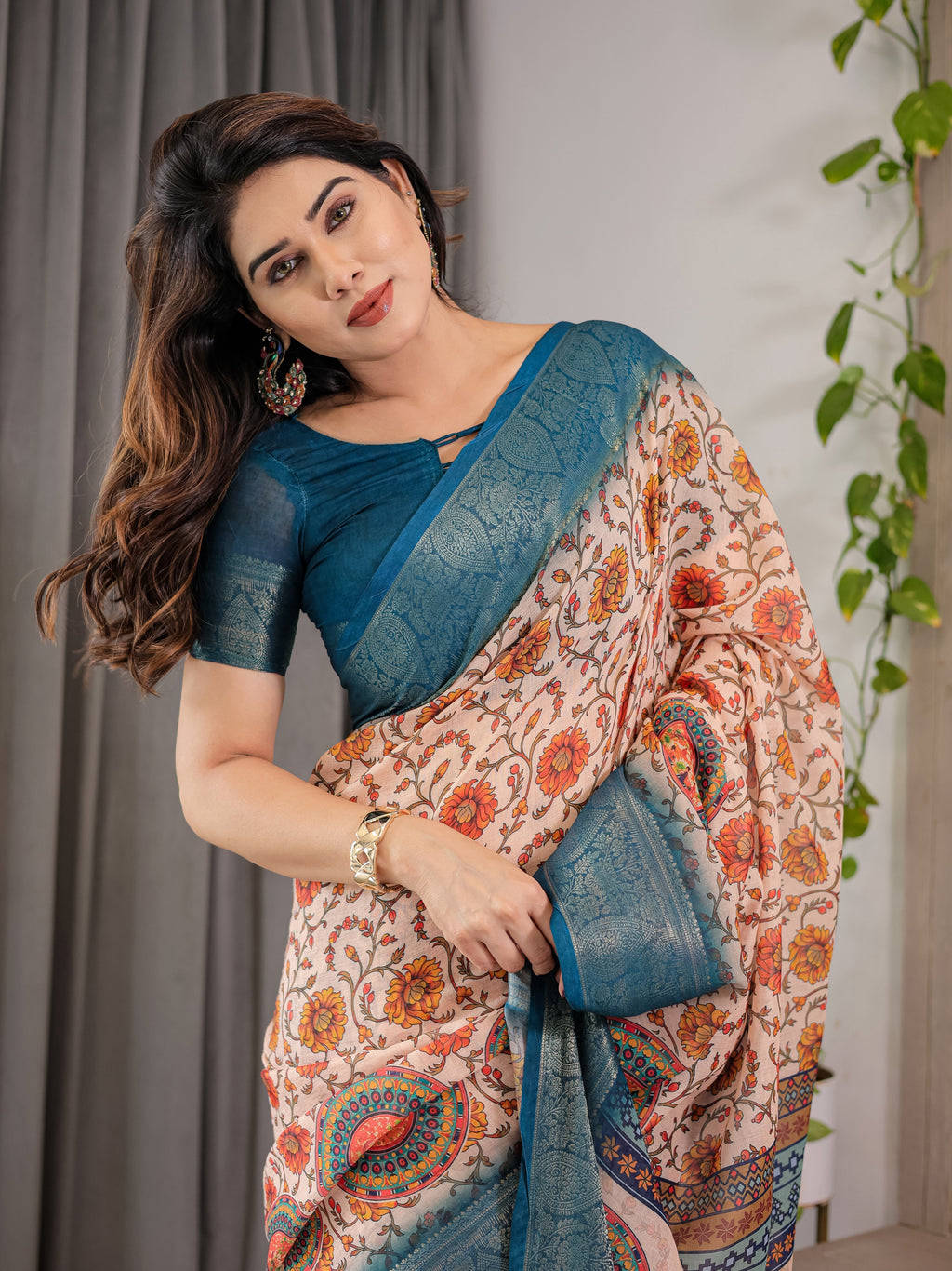 Off-White Cotton Linen Saree with Teal Zari Border & Multicolor Floral Mandala Print | With Blouse Piece