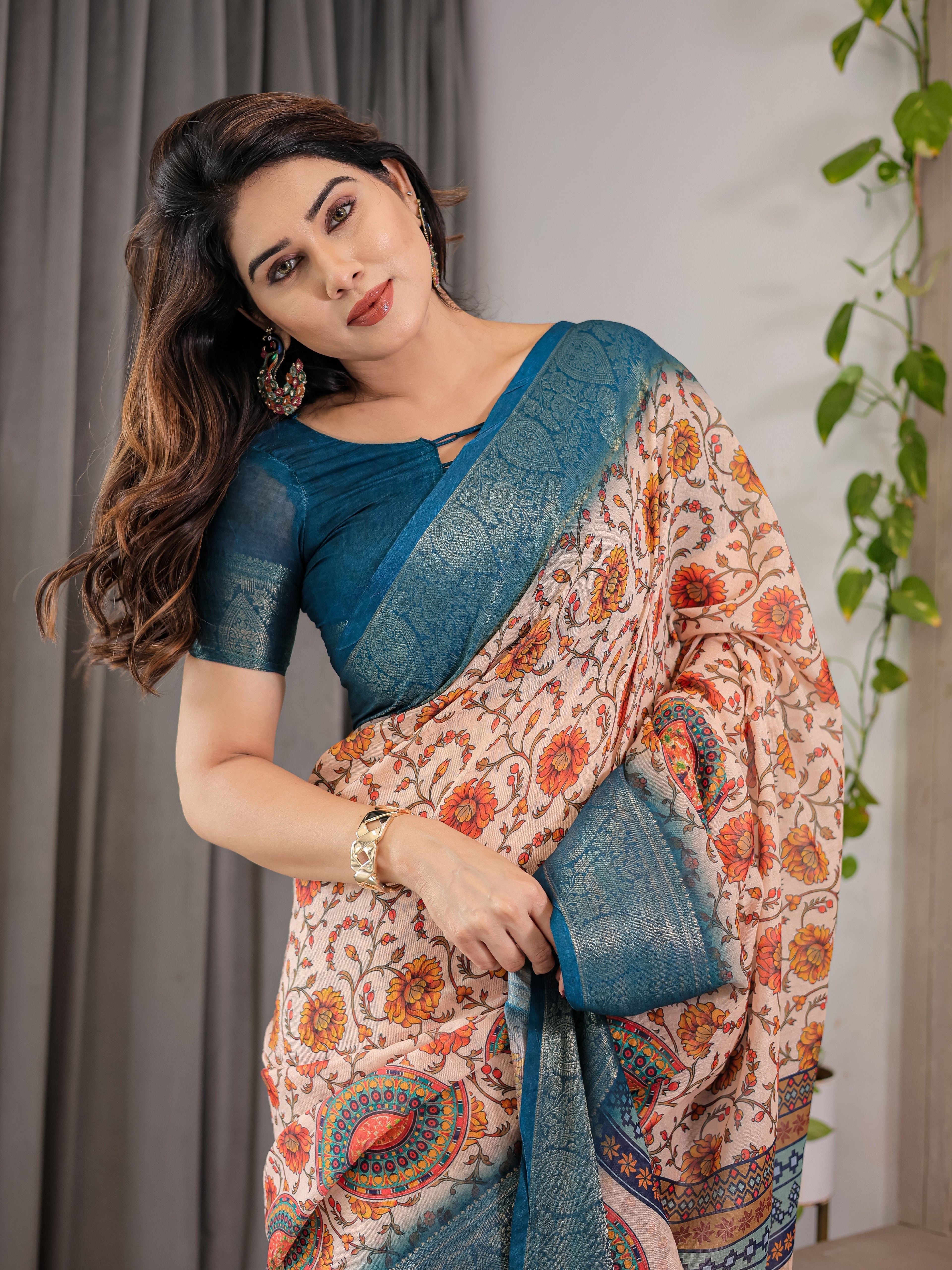 Off-White Cotton Linen Saree with Teal Zari Border & Multicolor Floral Mandala Print | With Blouse Piece