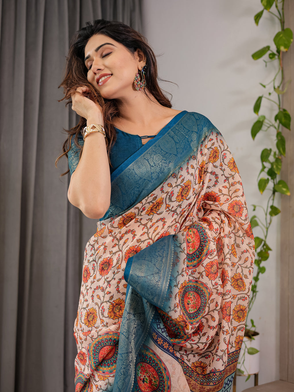 Off-White Cotton Linen Saree with Teal Zari Border & Multicolor Floral Mandala Print | With Blouse Piece