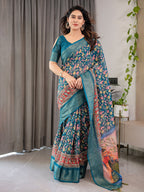 Teal Blue Cotton Linen Saree with Floral Print & Radha Krishna Digital Pallu | Zari Border | With Blouse