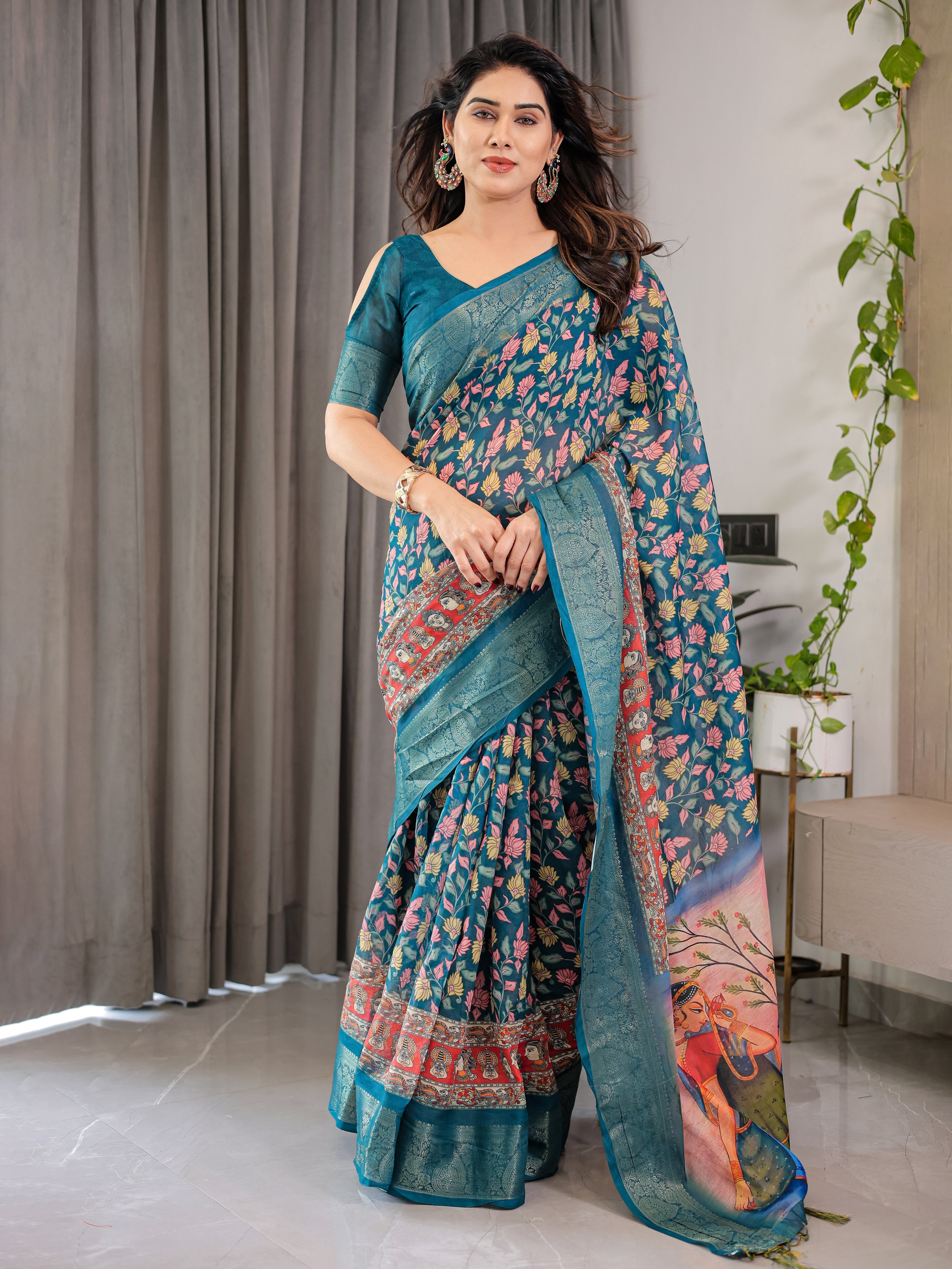 Teal Blue Cotton Linen Saree with Floral Print & Radha Krishna Digital Pallu | Zari Border | With Blouse