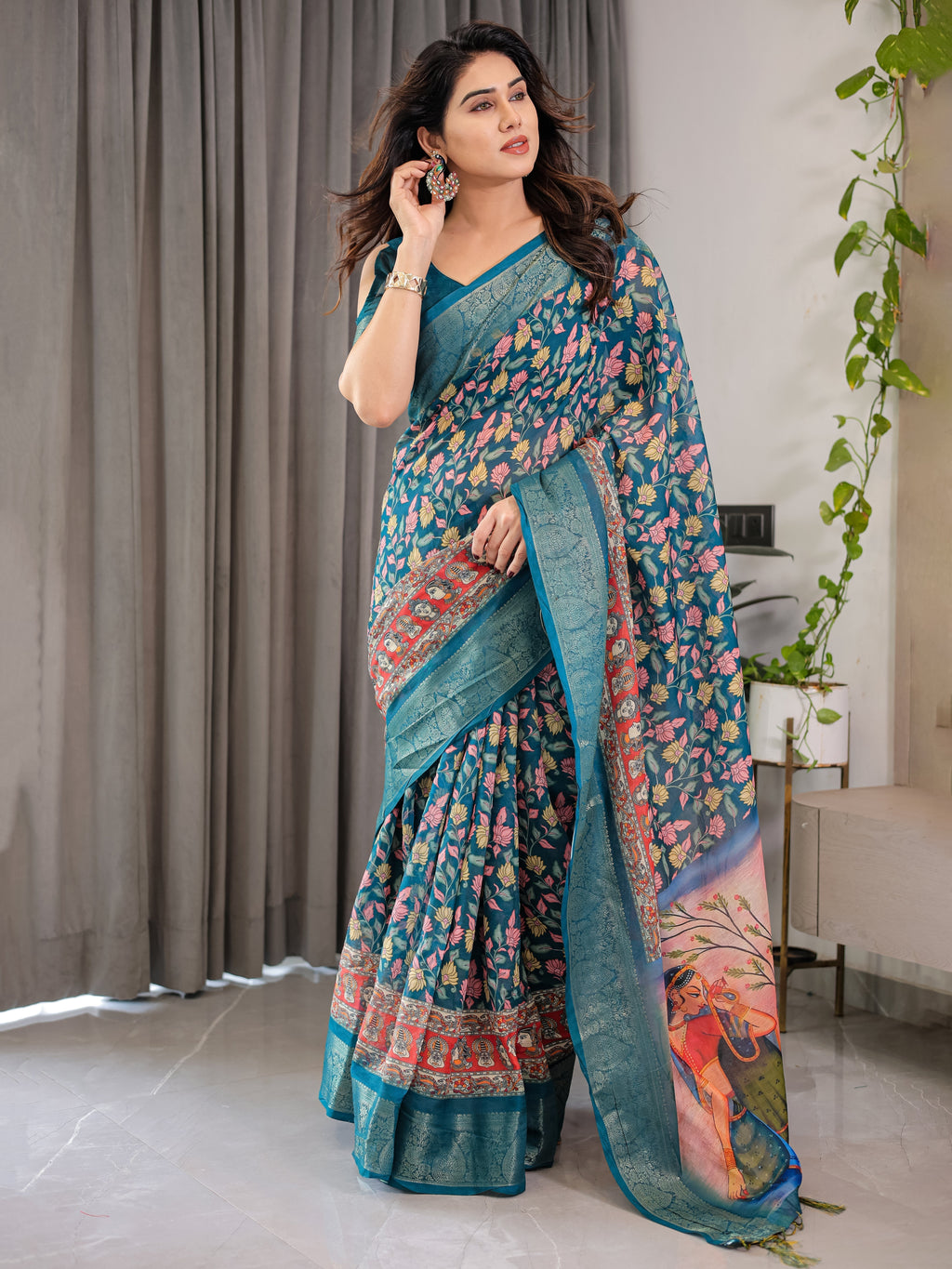 Teal Blue Cotton Linen Saree with Floral Print & Radha Krishna Digital Pallu | Zari Border | With Blouse