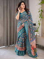 Teal Blue Cotton Linen Saree with Floral Print & Radha Krishna Digital Pallu | Zari Border | With Blouse