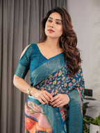 Teal Blue Cotton Linen Saree with Floral Print & Radha Krishna Digital Pallu | Zari Border | With Blouse