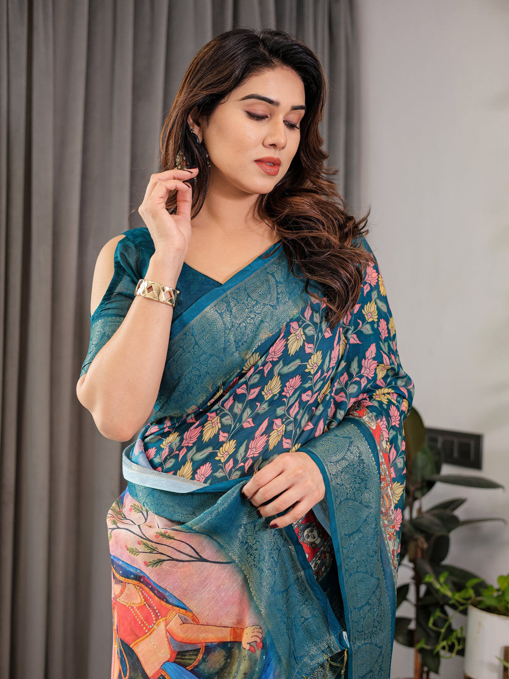 Teal Blue Cotton Linen Saree with Floral Print & Radha Krishna Digital Pallu | Zari Border | With Blouse