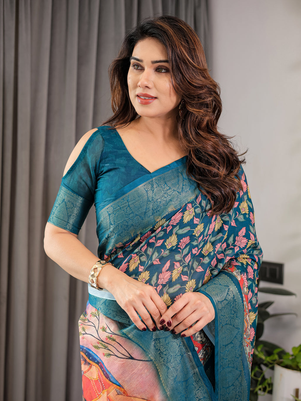 Teal Blue Cotton Linen Saree with Floral Print & Radha Krishna Digital Pallu | Zari Border | With Blouse