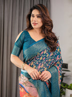 Teal Blue Cotton Linen Saree with Floral Print & Radha Krishna Digital Pallu | Zari Border | With Blouse