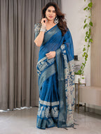 Indigo Blue Cotton Linen Saree with White Peacock Print & Zari Border | Ethnic Wear with Blouse Piece