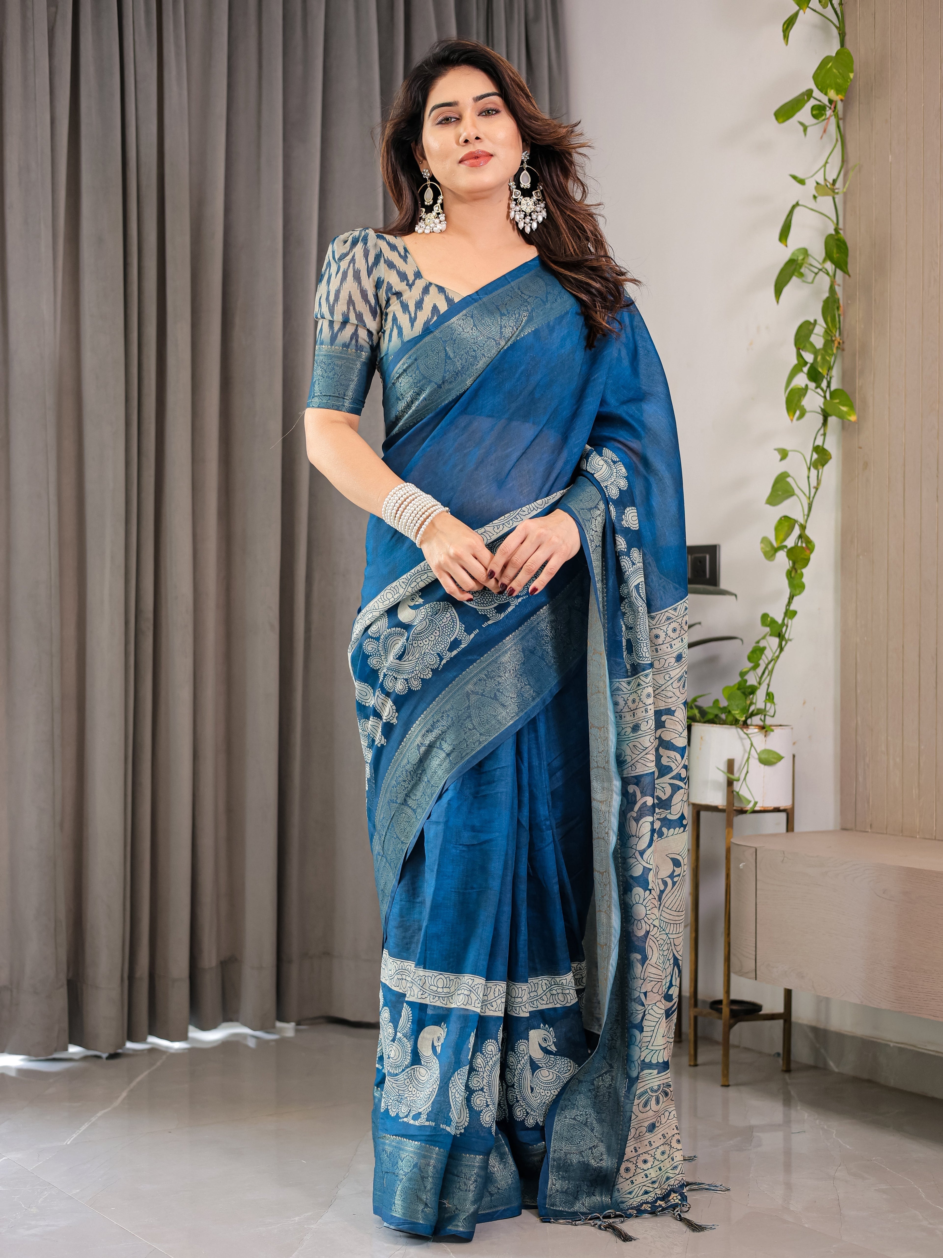 Indigo Blue Cotton Linen Saree with White Peacock Print & Zari Border | Ethnic Wear with Blouse Piece