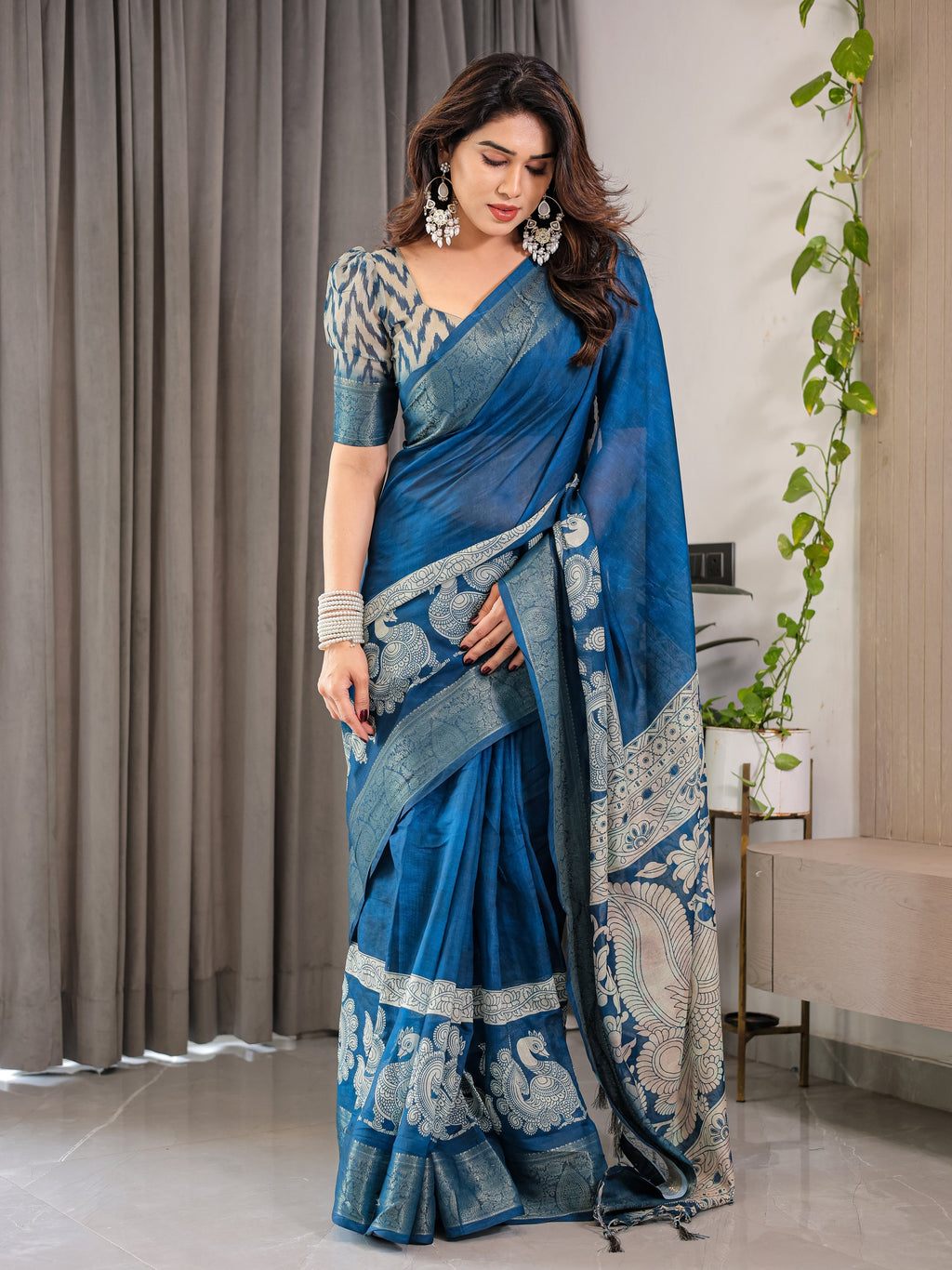 Indigo Blue Cotton Linen Saree with White Peacock Print & Zari Border | Ethnic Wear with Blouse Piece