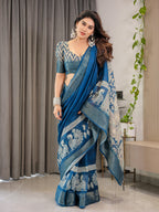 Indigo Blue Cotton Linen Saree with White Peacock Print & Zari Border | Ethnic Wear with Blouse Piece
