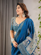 Indigo Blue Cotton Linen Saree with White Peacock Print & Zari Border | Ethnic Wear with Blouse Piece