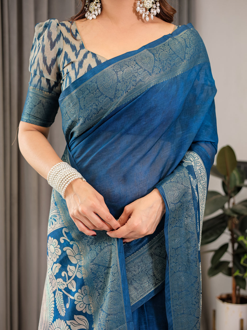 Indigo Blue Cotton Linen Saree with White Peacock Print & Zari Border | Ethnic Wear with Blouse Piece