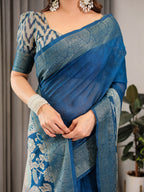Indigo Blue Cotton Linen Saree with White Peacock Print & Zari Border | Ethnic Wear with Blouse Piece