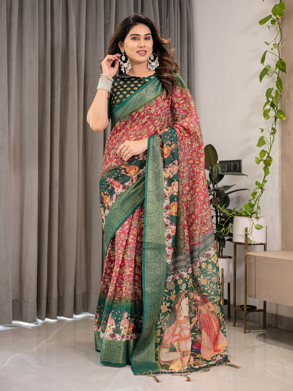 Maroon-Green Cotton Linen Saree with Floral Zari Work & Royal Procession Pallu | With Blouse Piece
