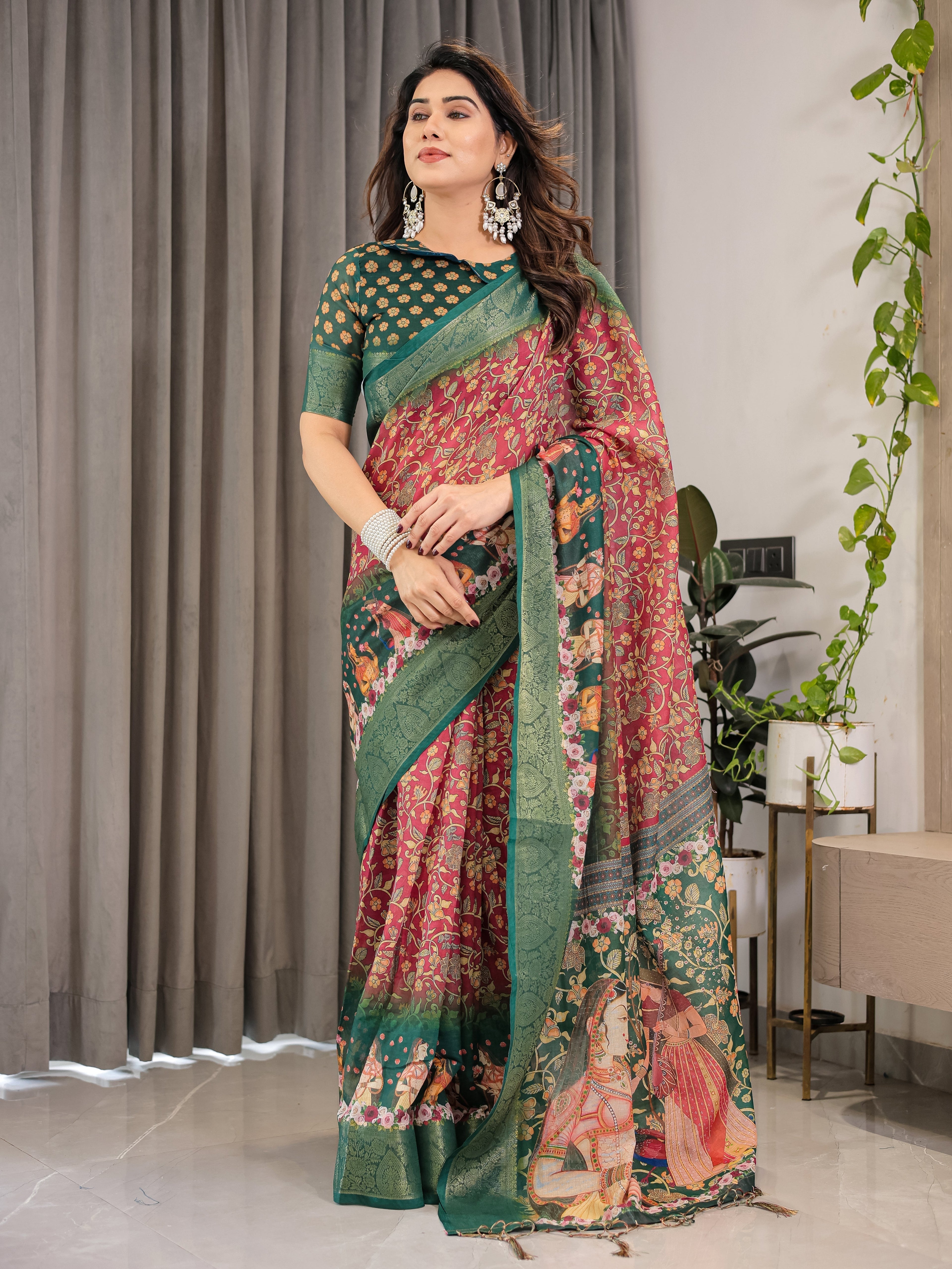 Maroon-Green Cotton Linen Saree with Floral Zari Work & Royal Procession Pallu | With Blouse Piece