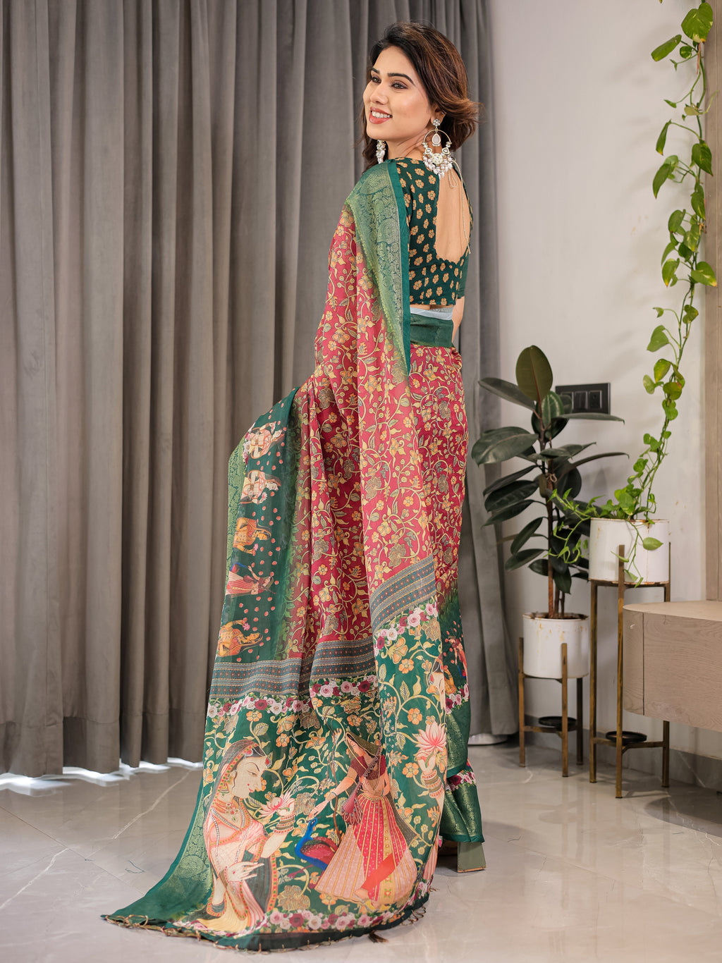 Maroon-Green Cotton Linen Saree with Floral Zari Work & Royal Procession Pallu | With Blouse Piece