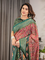 Maroon-Green Cotton Linen Saree with Floral Zari Work & Royal Procession Pallu | With Blouse Piece
