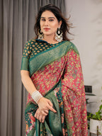 Maroon-Green Cotton Linen Saree with Floral Zari Work & Royal Procession Pallu | With Blouse Piece