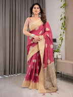 Blush Pink & Beige Cotton Linen Saree with Woven Lotus Motifs & Golden Zari Border | With Blouse Piece