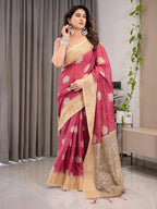 Blush Pink & Beige Cotton Linen Saree with Woven Lotus Motifs & Golden Zari Border | With Blouse Piece