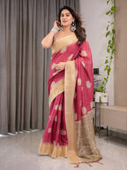 Blush Pink & Beige Cotton Linen Saree with Woven Lotus Motifs & Golden Zari Border | With Blouse Piece