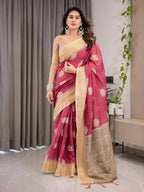 Blush Pink & Beige Cotton Linen Saree with Woven Lotus Motifs & Golden Zari Border | With Blouse Piece
