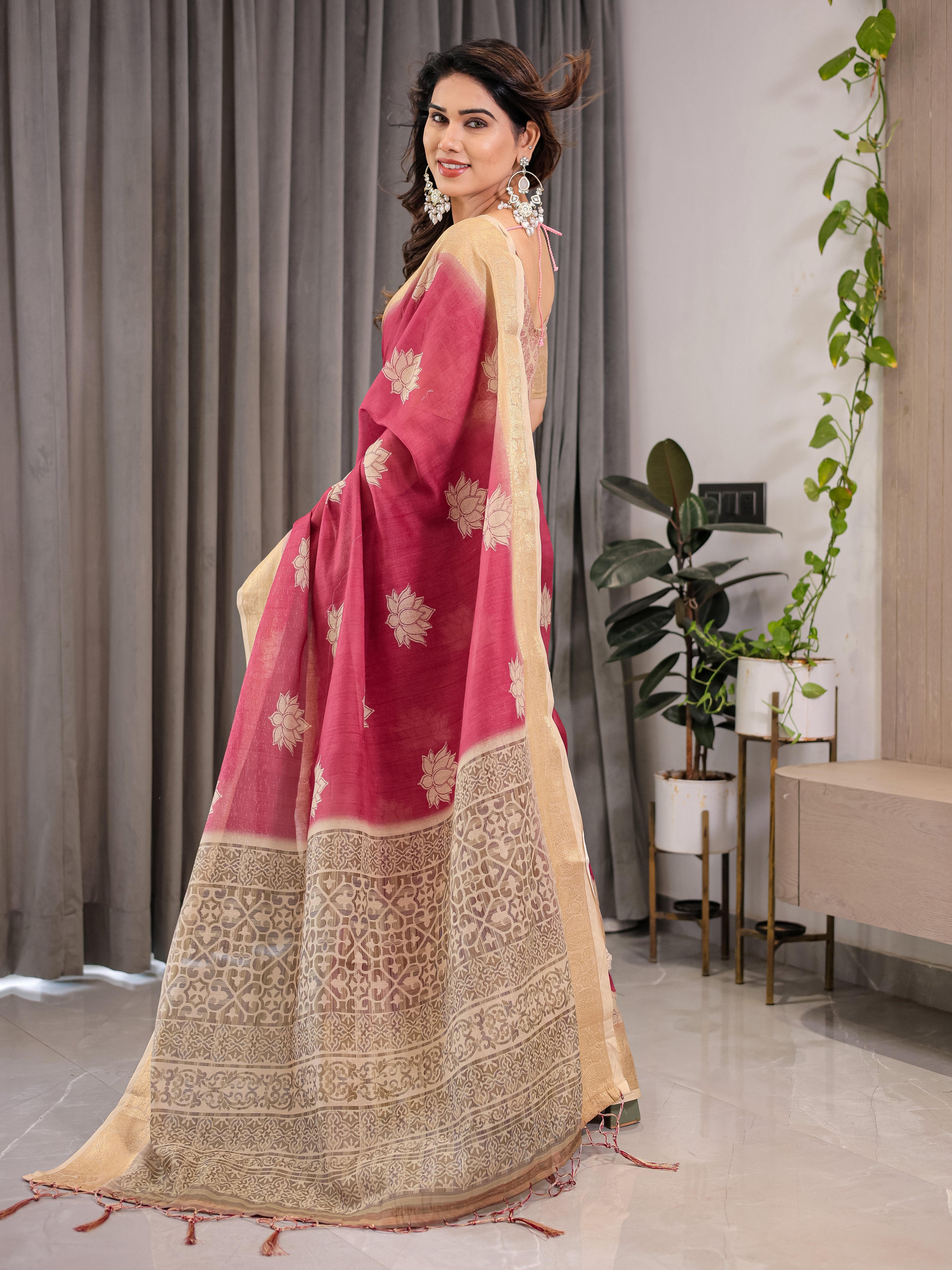 Blush Pink & Beige Cotton Linen Saree with Woven Lotus Motifs & Golden Zari Border | With Blouse Piece