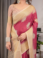 Blush Pink & Beige Cotton Linen Saree with Woven Lotus Motifs & Golden Zari Border | With Blouse Piece