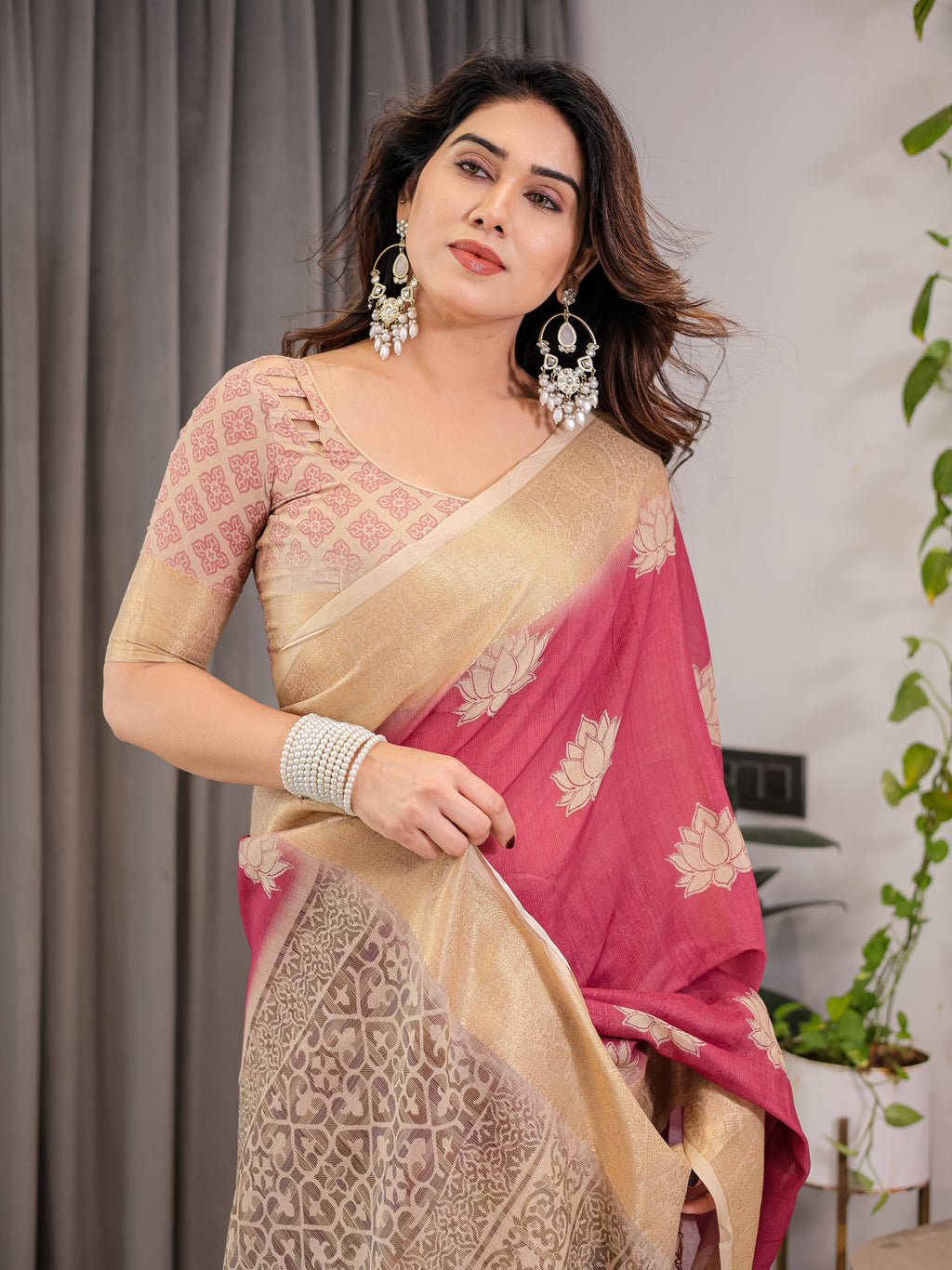 Blush Pink & Beige Cotton Linen Saree with Woven Lotus Motifs & Golden Zari Border | With Blouse Piece