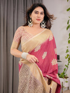 Blush Pink & Beige Cotton Linen Saree with Woven Lotus Motifs & Golden Zari Border | With Blouse Piece