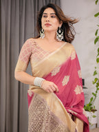 Blush Pink & Beige Cotton Linen Saree with Woven Lotus Motifs & Golden Zari Border | With Blouse Piece