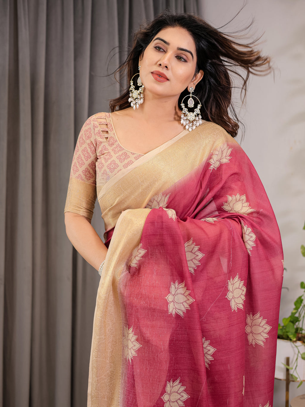 Blush Pink & Beige Cotton Linen Saree with Woven Lotus Motifs & Golden Zari Border | With Blouse Piece