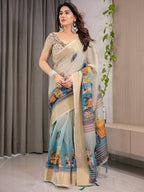 Cream & Teal Cotton Linen Saree with Zari Border & Royal Procession Digital Print | With Blouse Piece