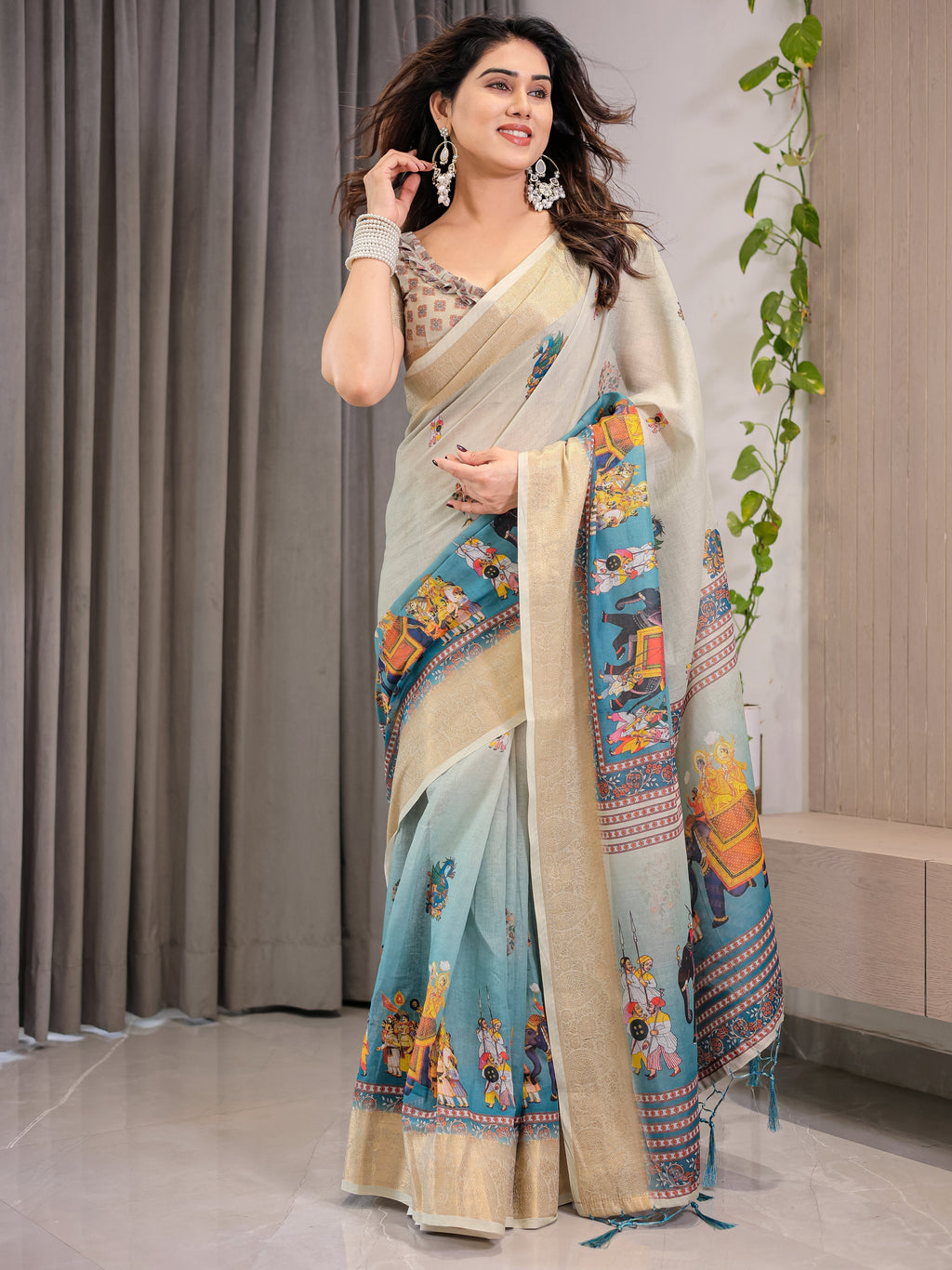 Cream & Teal Cotton Linen Saree with Zari Border & Royal Procession Digital Print | With Blouse Piece