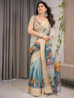 Cream & Teal Cotton Linen Saree with Zari Border & Royal Procession Digital Print | With Blouse Piece