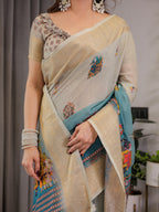 Cream & Teal Cotton Linen Saree with Zari Border & Royal Procession Digital Print | With Blouse Piece
